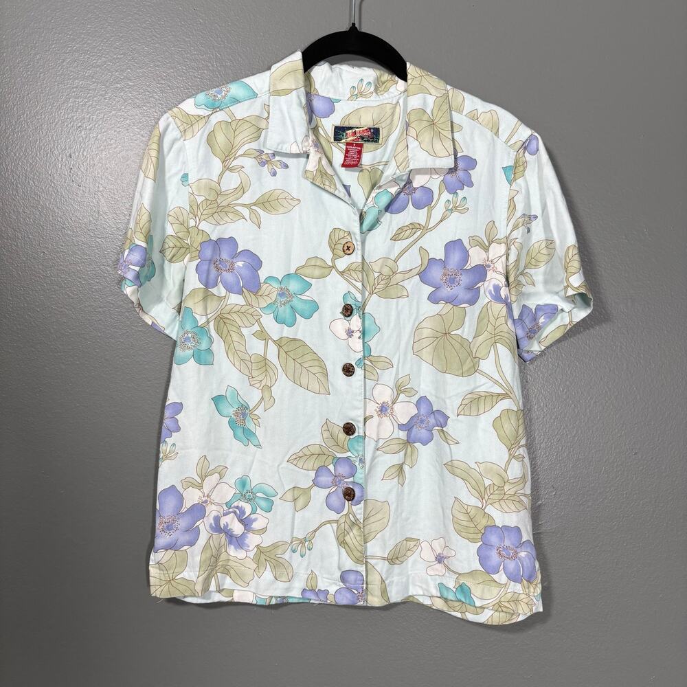 La Cabana Women's Light Blue Floral Hawaiian Shirt - Size Small - Vacation Top